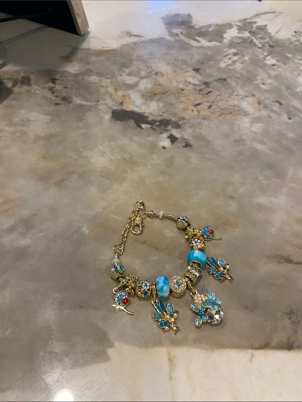 Gold-Tone Charm Bracelet with Blue and Turquoise Accents - Women Jewelry